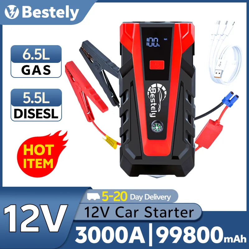 Bestely 12V 99800mAh 3000A Car Jump Starter Car Battery Starters Portable Power Bank 12V Starting Device Petrol Diesel Car Peaceful Pleasures Health and Wellness