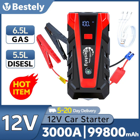Bestely 12V 99800mAh 3000A Car Jump Starter Car Battery Starters Portable Power Bank 12V Starting Device Petrol Diesel Car Peaceful Pleasures Health and Wellness