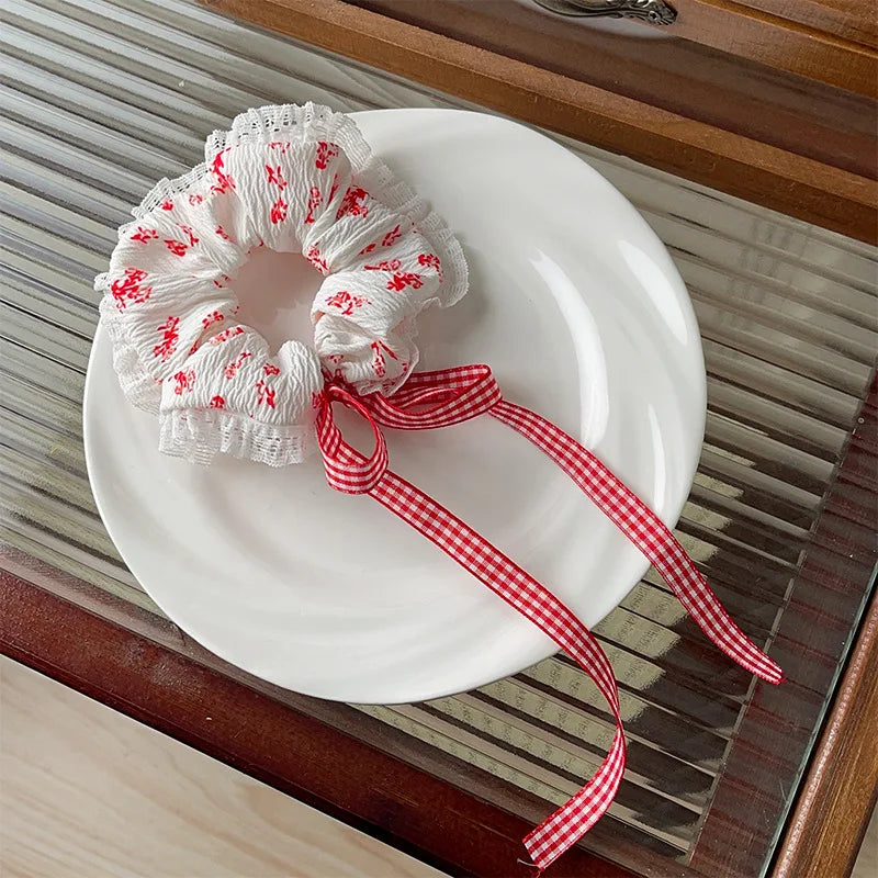 Sweet Lace Bows Scrunchie Long Ribbon Hair Rope Cute Donut Hair Band Fashion Female Hair Accessories Elegant Headdress Fashion Peaceful Pleasures Health and Wellness Red