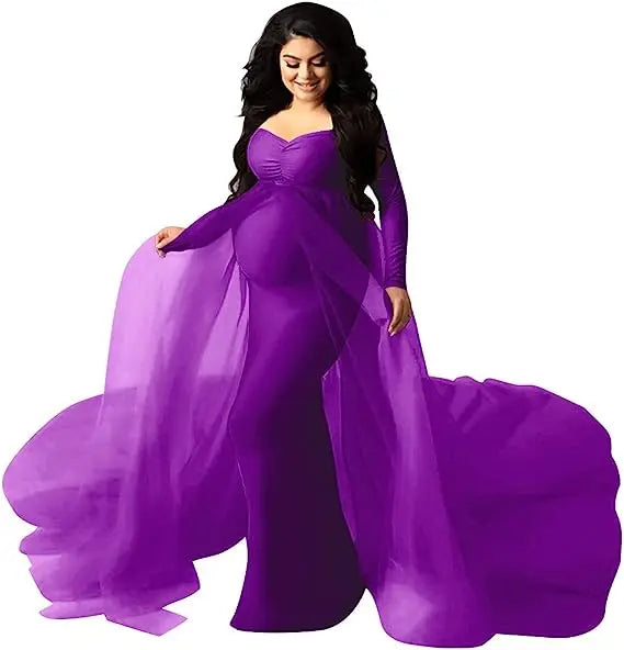 Deep V-Neck Lace Feather Maternity Gown | Photo Shoot Dress