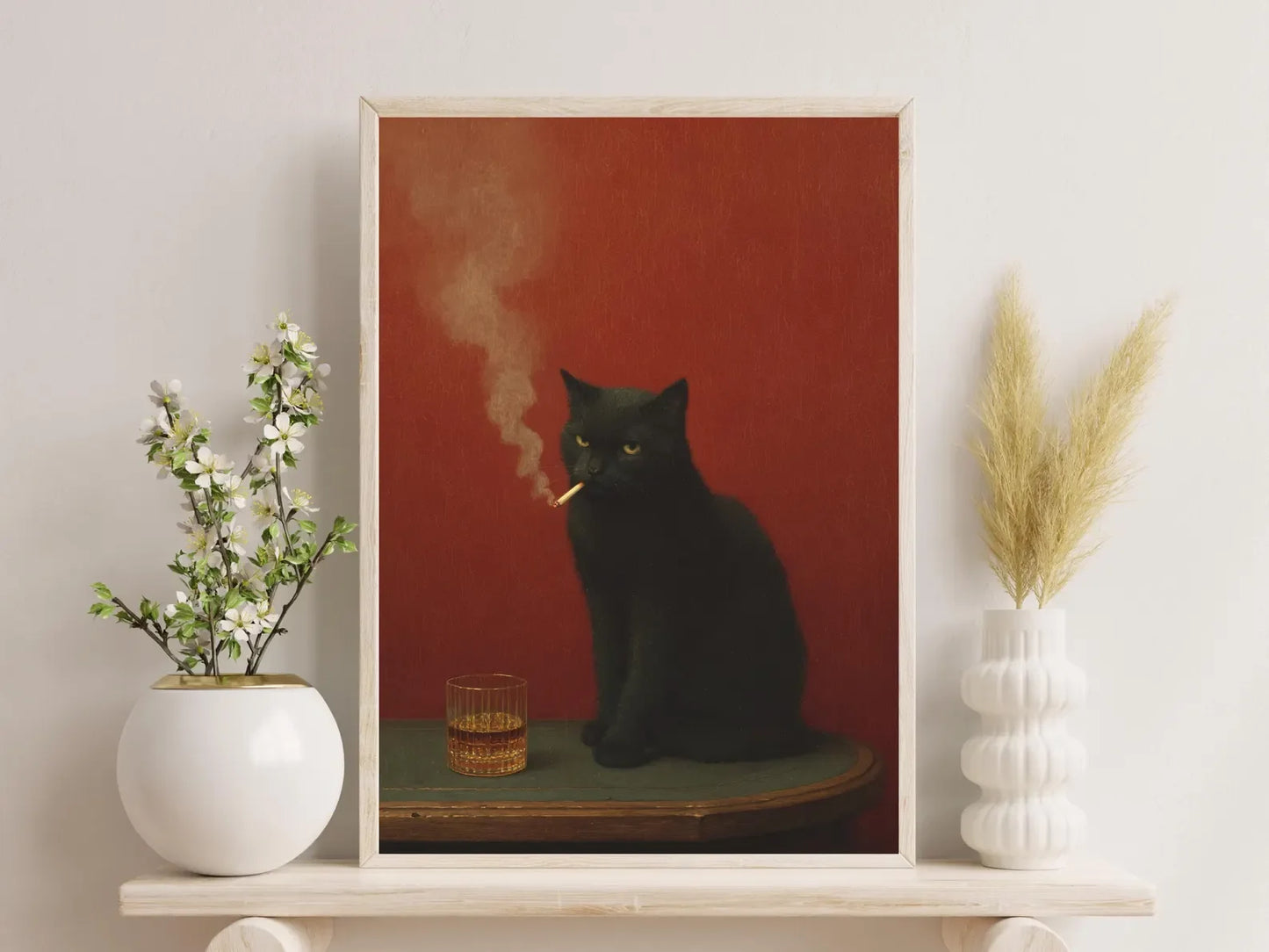 Black Cat Smoking Vintage Canvas Wall Art | Retro Funny Poster