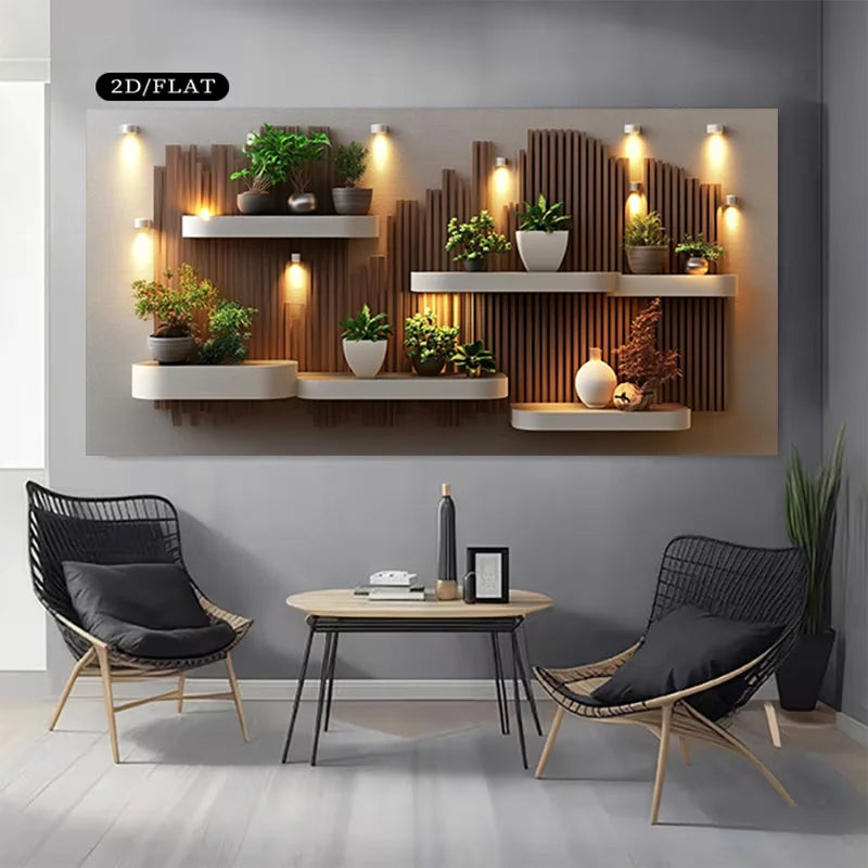 2D Flat, Modern Botanical Plant Wall Frameless Canvas Painting for Contemporary Decor for Bedroom, Office Housewarming Gift Peaceful Pleasures Health and Wellness