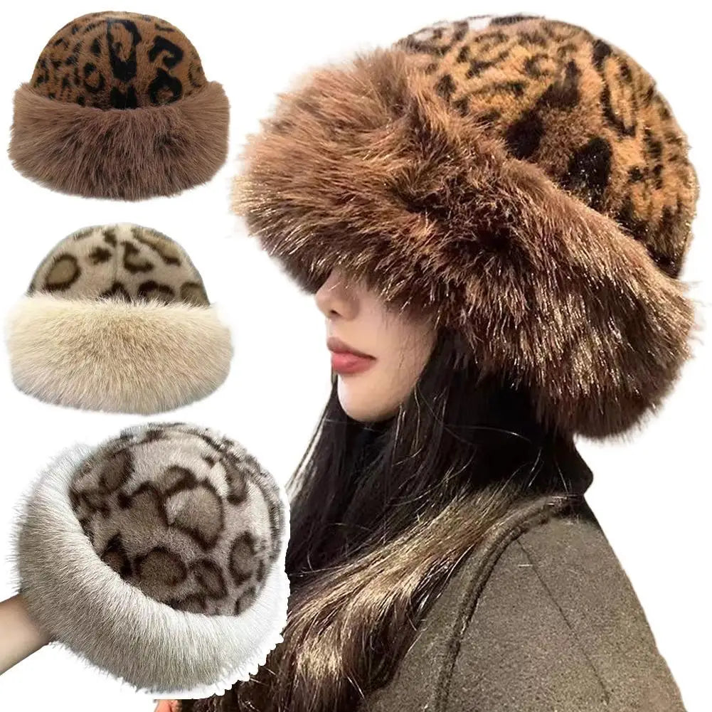 Women's Plush Leopard Print Winter Knit Hat with Pom Pom