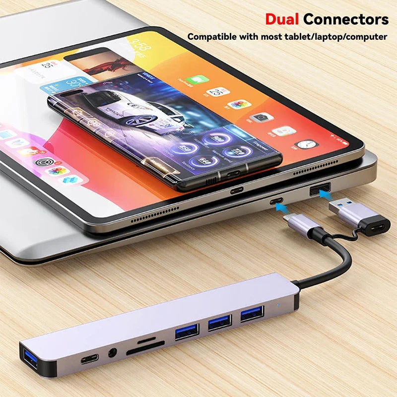 8-in-2 USB-C Hub – USB 3.0, SD/TF Card Reader & Audio Jack