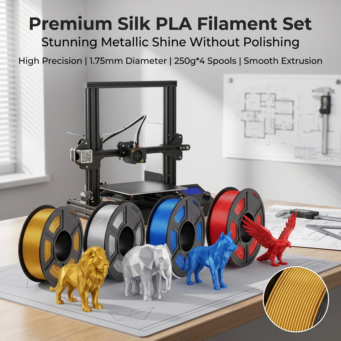 DINGSUN 3D Silk Gold PLA Filament 1.75mm – Glossy Shiny Spool