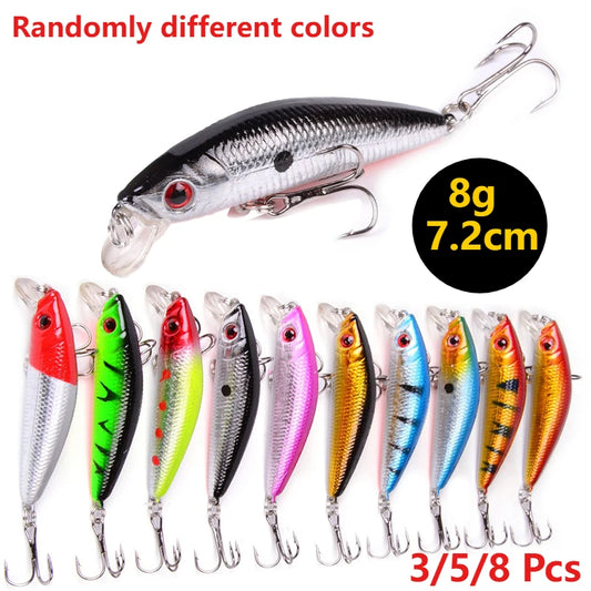 2026 New 3/5/8Pcs Random Minnow Lure, 7.2CM 8G Bionic Bait Double Hooks Outdoor Fishing Tackle Peaceful Pleasures Health and Wellness