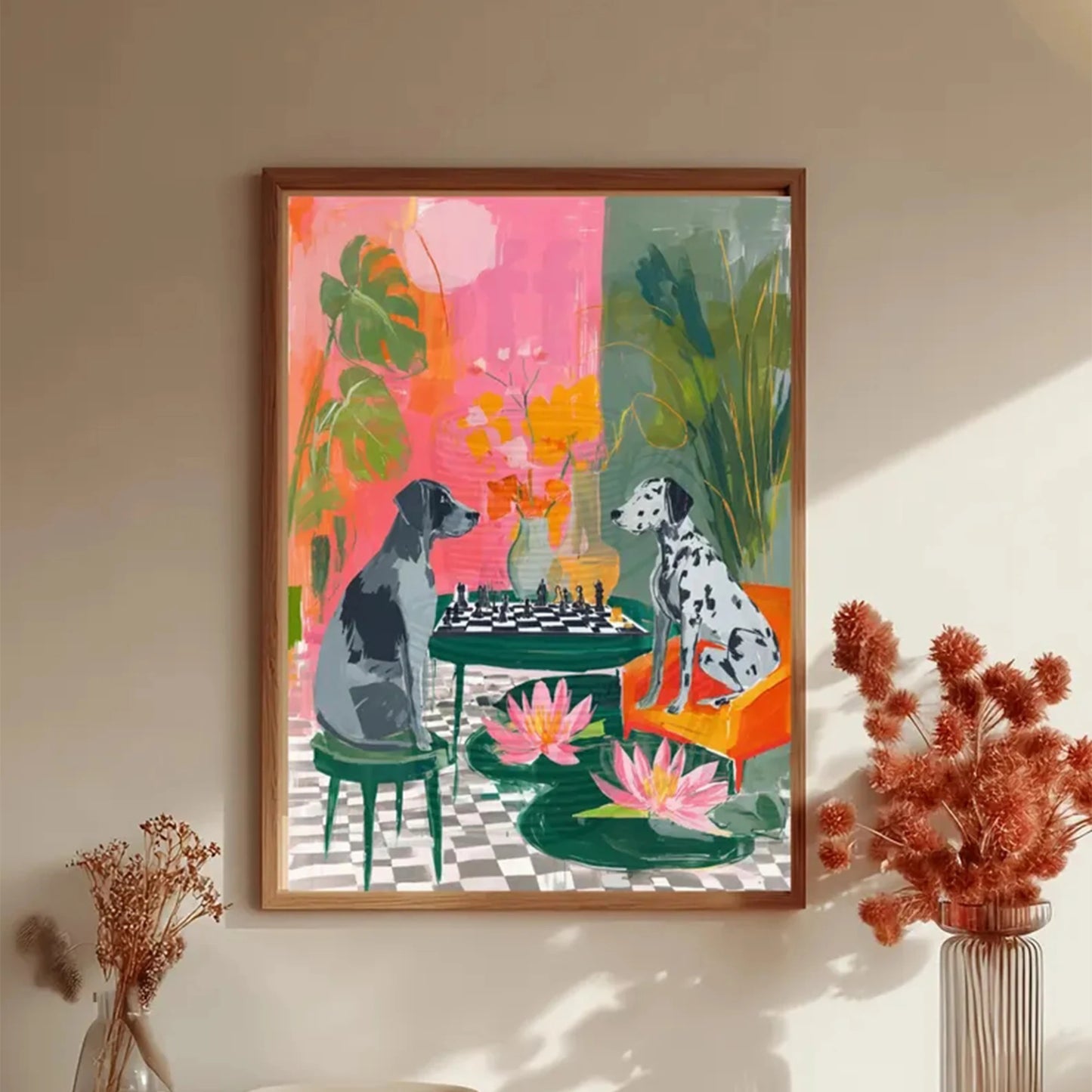 Colorful Dogs Chess Canvas Wall Art Print | Home Decor