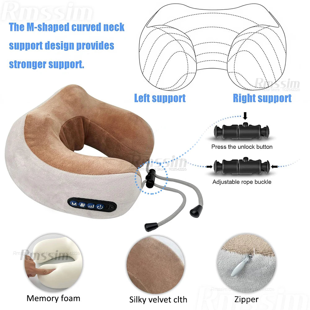 Portable U Shaped Pillow Electric Neck Massager With Heat Vibration 3D Kneading Shiatsu Massage For Pain Relief Fatigue Peaceful Pleasures Health and Wellness