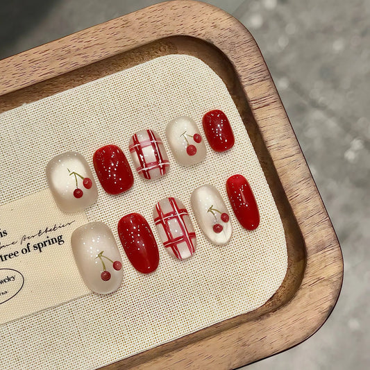 Handmade Red Cherry Glitter Cat Eye Press-On Nails | Short Round Press-On Nails Peaceful Pleasures Health and Wellness