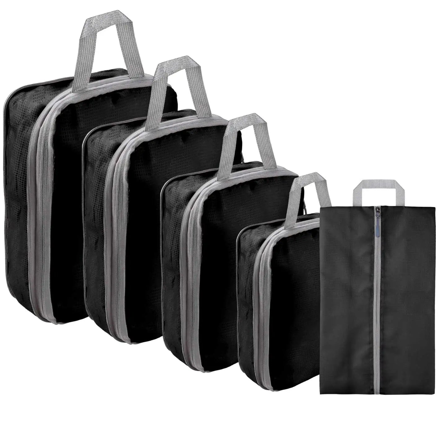 5/8pc Set Compression Packing Cube Extensible Waterproof Organizer Bags for Travel Suitcase Clothing Luggage Sorting W/ Shoe Bag Peaceful Pleasures Health and Wellness 5pcs black