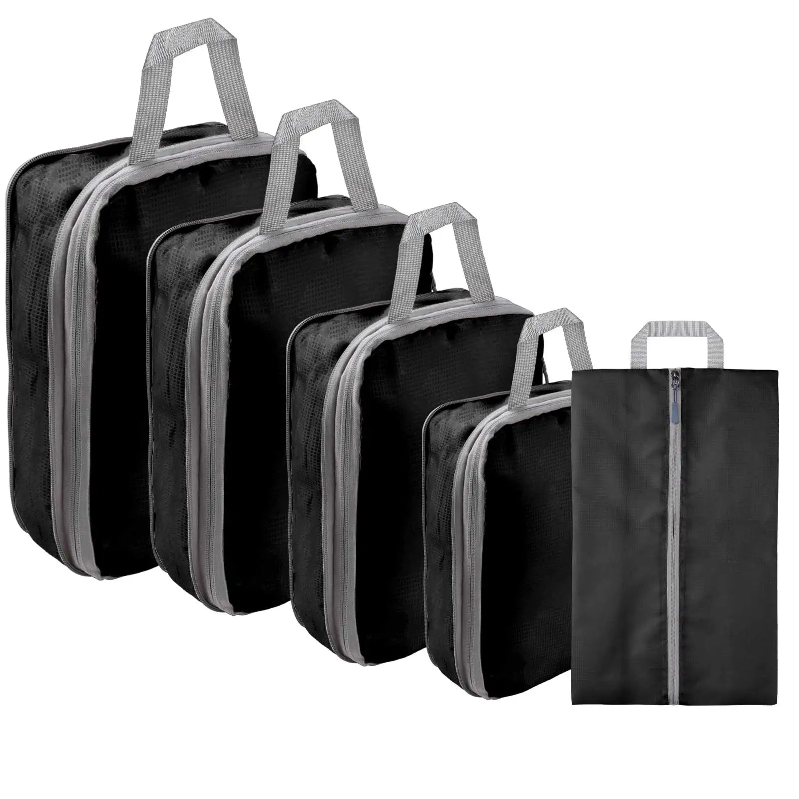 5/8pc Set Compression Packing Cube Extensible Waterproof Organizer Bags for Travel Suitcase Clothing Luggage Sorting W/ Shoe Bag Peaceful Pleasures Health and Wellness 5pcs black