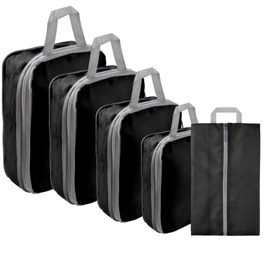 5/8pc Set Compression Packing Cube Extensible Waterproof Organizer Bags for Travel Suitcase Clothing Luggage Sorting W/ Shoe Bag Peaceful Pleasures Health and Wellness 5pcs black