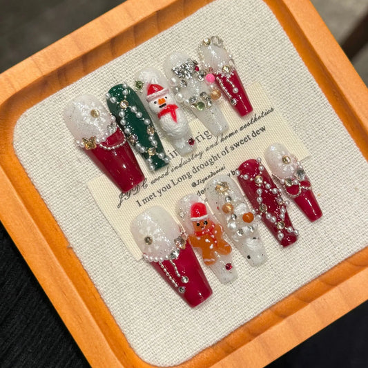 Christmas Press On Nails – Gingerbread & Snowflake 10pc Set Press On Nails Peaceful Pleasures Health and Wellness S 1