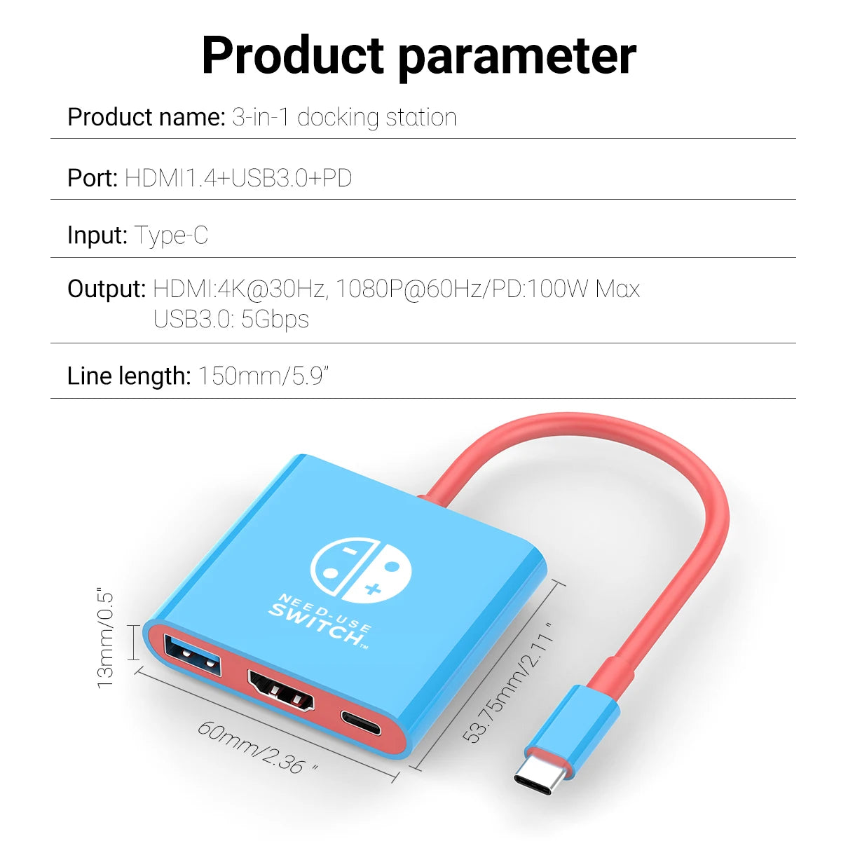 3-in-1 USB-C Hub 4K HDMI USB 3.0 PD 100W | Nintendo Switch