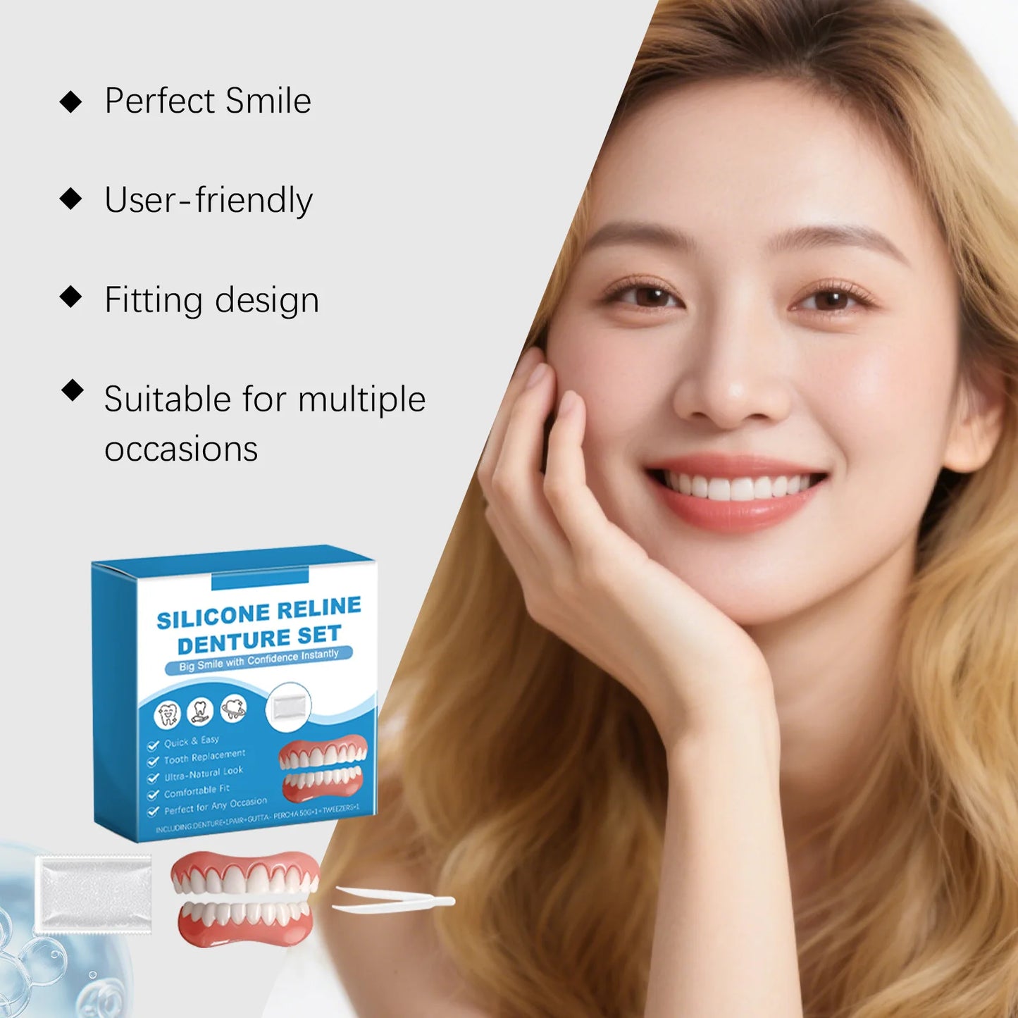 Silicone Reline Denture Set Perfect Fit Oral Repair Missing Broken Tooth High Durable Natural Appearance Portable Fake Teeth Kit Peaceful Pleasures Health and Wellness
