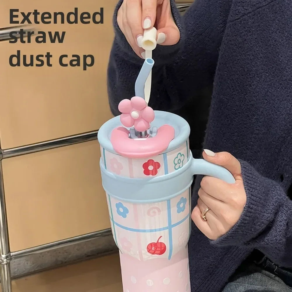 Tumbler with Handle Lid Straw Cute Cat Thermos Cup Stainless Steel Water Bottle Outdoor Travel Coffee Mug Gift Large Capacity Peaceful Pleasures Health and Wellness