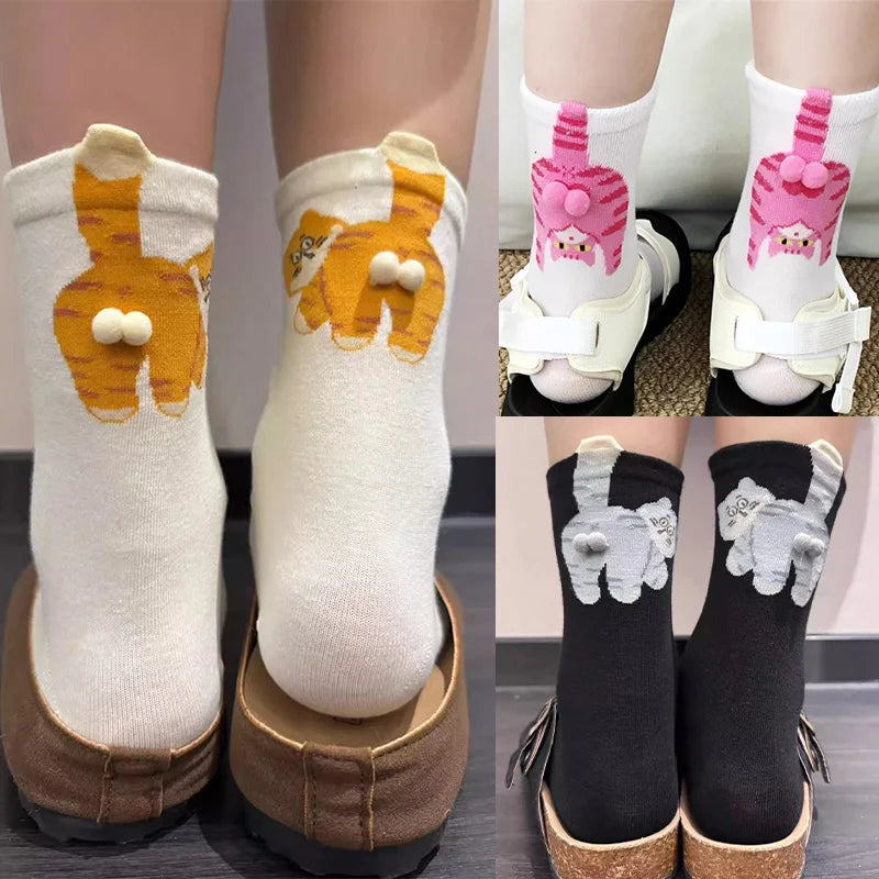 3D Cat Butt Cartoon Socks – Funny Novelty Cotton Mid Socks