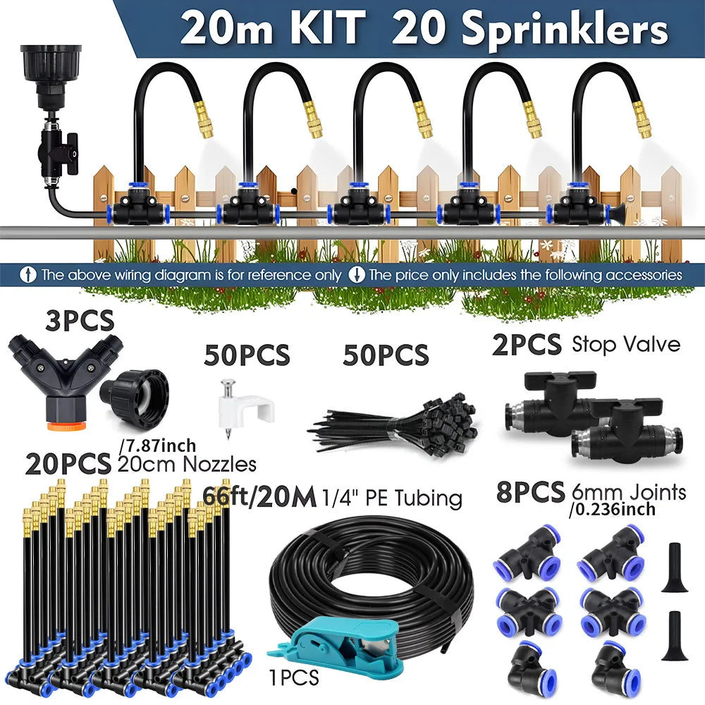 30-5m 1/4" 4/6mm Misting Cooling System 360° Free-bend Adjustable Nozzle Atomizer Sprayer for Outdoor Garden Irrigation Watering Peaceful Pleasures Health and Wellness 20m Kit