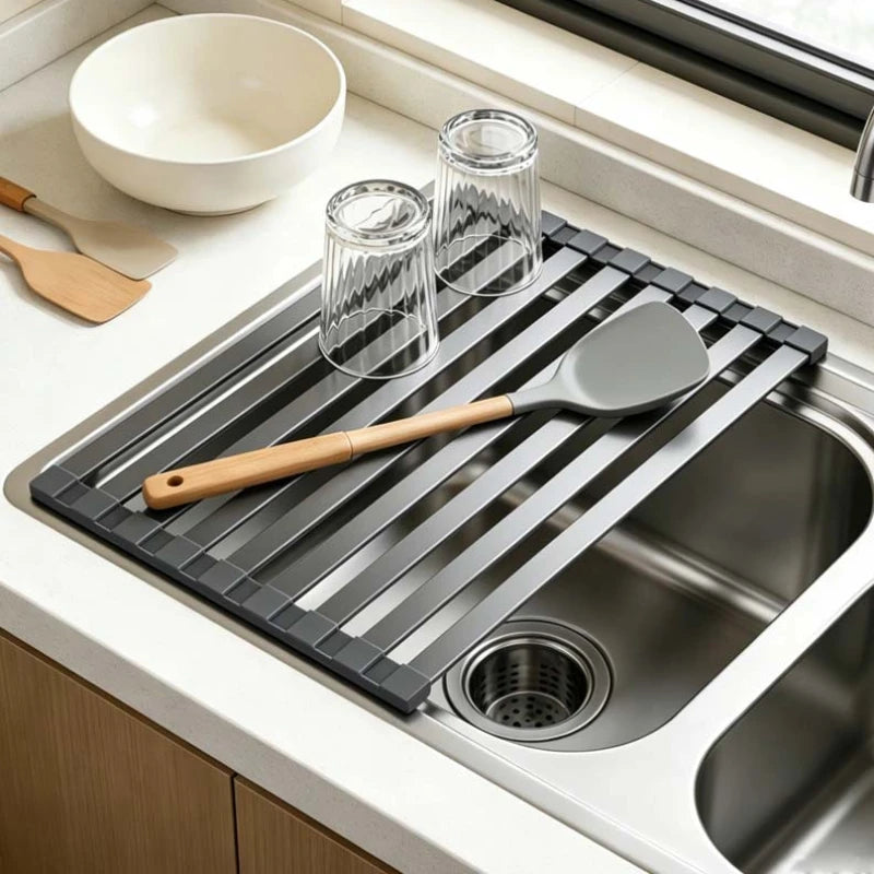 304 Stainless Steel Kitchen Sink Drain Rack Foldable Dish Drainer Rack Rack Sink Bowl and Dish Storage Rack Drying Storage Shelf Peaceful Pleasures Health and Wellness