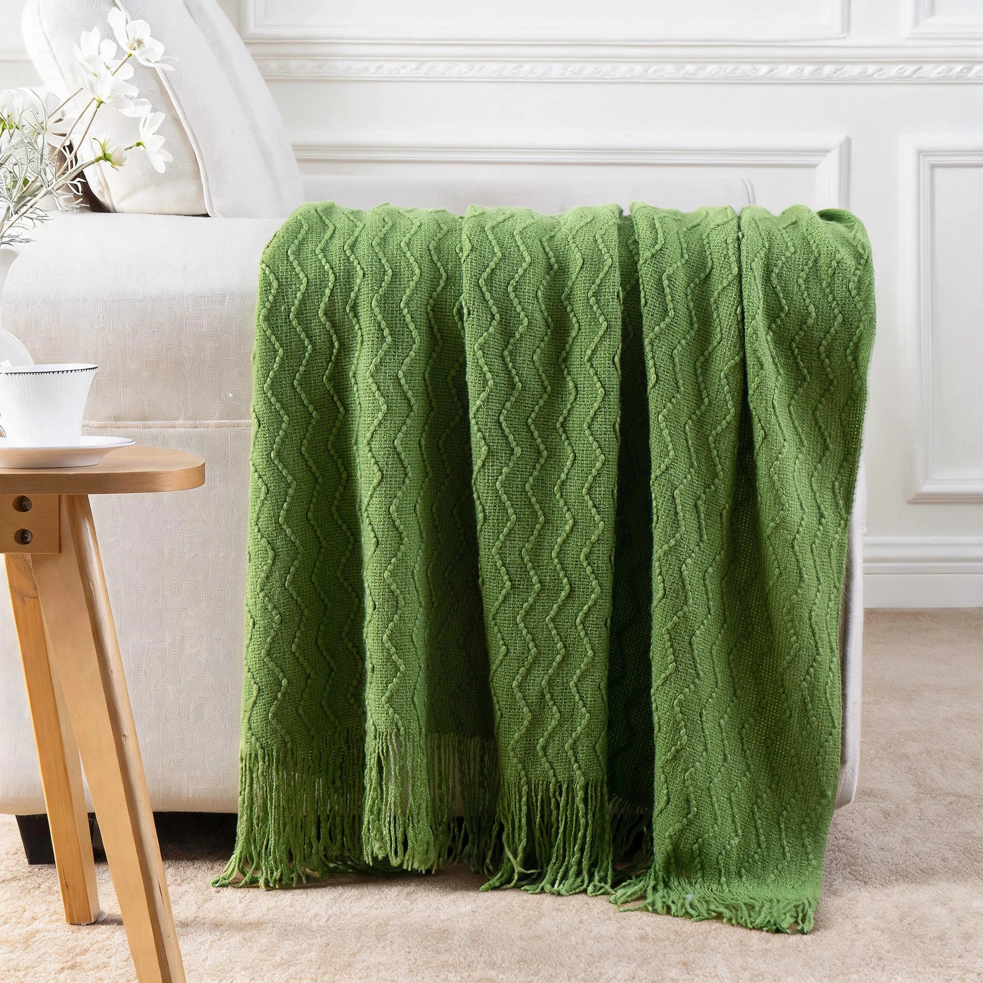Battilo Green Knit Throw Blanket For Bed Lightweight Sofa Blanket With Tassels Decorative Knitted Plaid Blanket For Spring Decor Peaceful Pleasures Health and Wellness