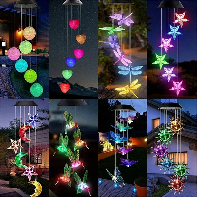 LED Solar Wind Chime Crystal Ball Hummingbird Light Changing