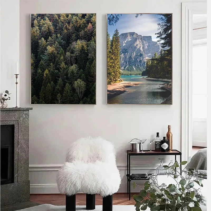 Dark Green Forest Foggy Mountain Canvas Wall Art | Nature Print