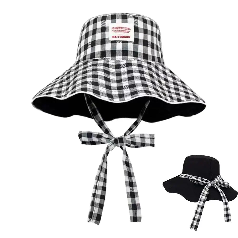 Women Summer UV Protection Wide Brim Sun Hats With Chin Strap Cute Pastel Plaid Beach Hat For Outdoor Travel & Daily Wear Peaceful Pleasures Health and Wellness Black