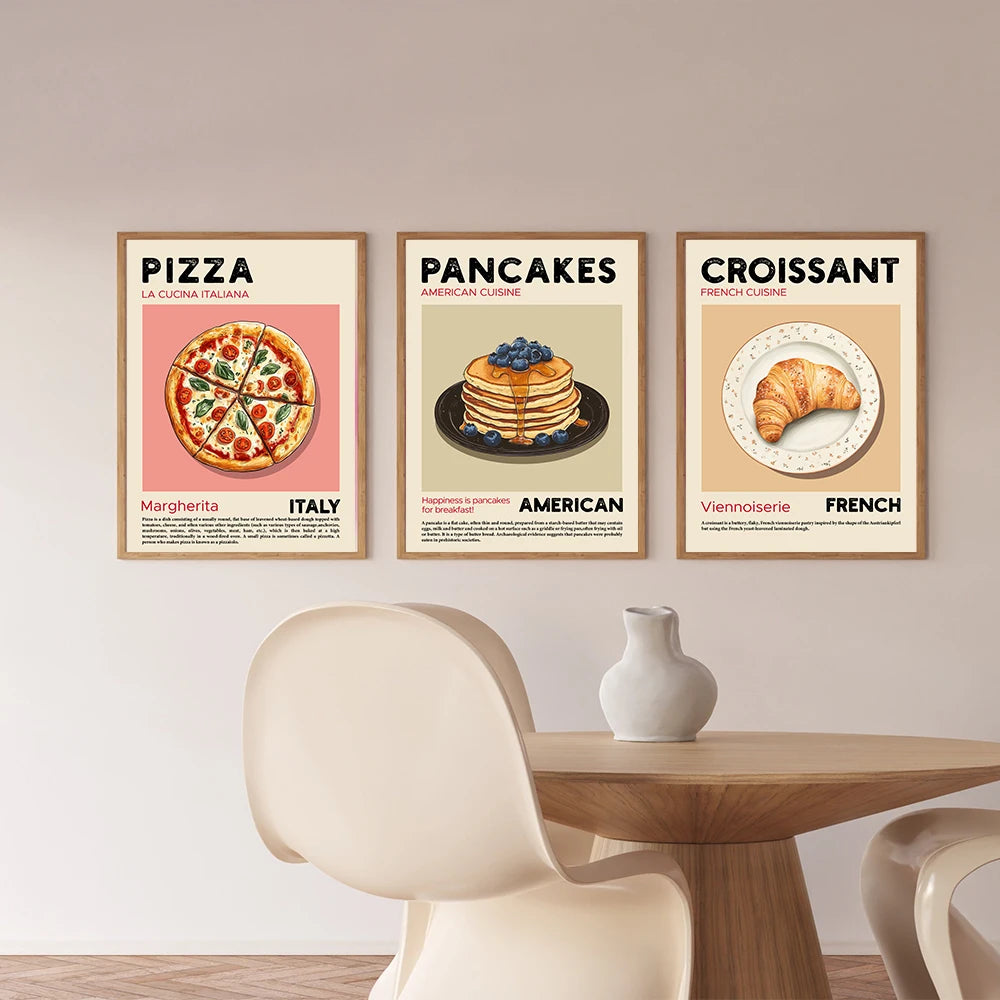 Kitchen Food Poster Pizza Ramen Sushi Spaghetti Kimchi Pancakes Croissant Dumpling Wall Art Canvas Print for Dinning Room Decor Peaceful Pleasures Health and Wellness