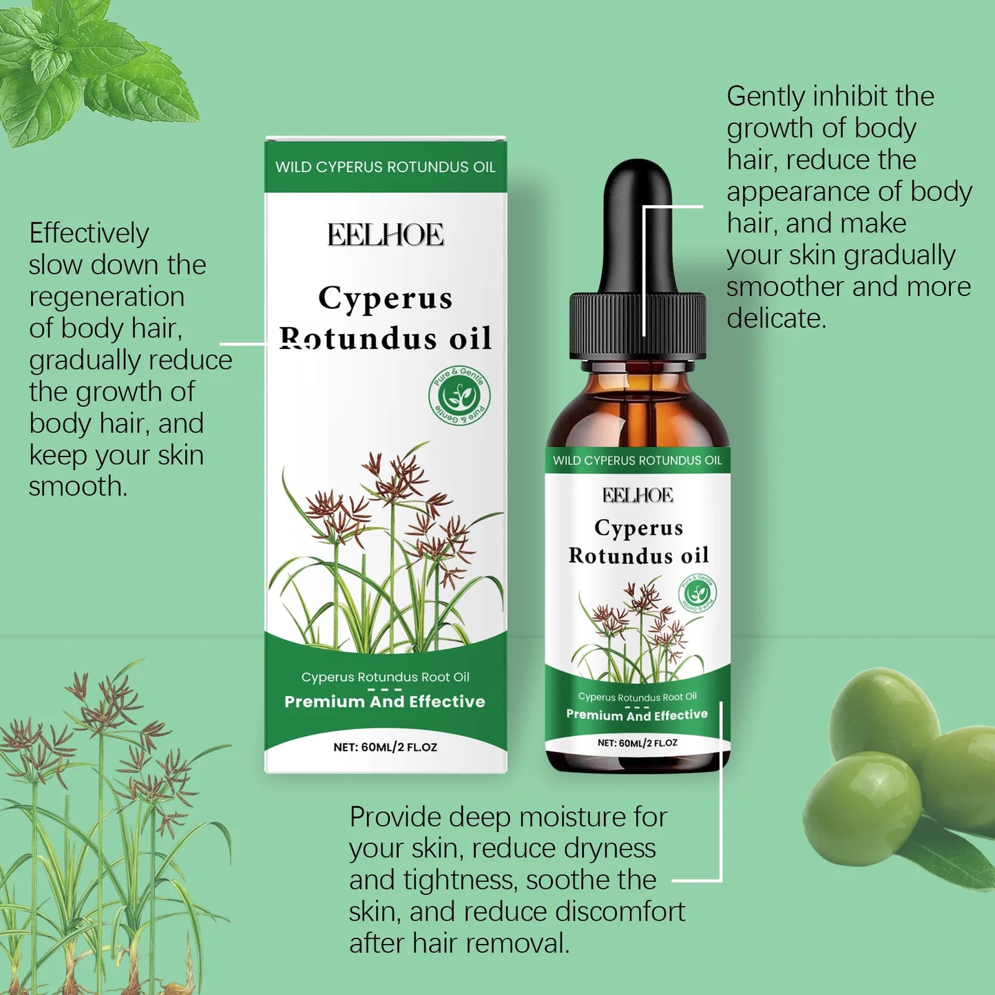 Cyperus Rotundus Hair Inhibitor Oil 60ml – Body Hair Serum Peaceful Pleasures Health and Wellness