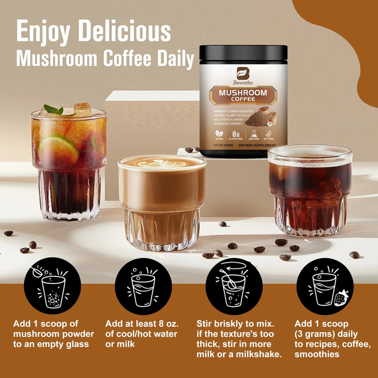 10x Mushroom Coffee Supplement – Lion's Mane & Cordyceps Blend Herbal Supplement Peaceful Pleasures Health and Wellness