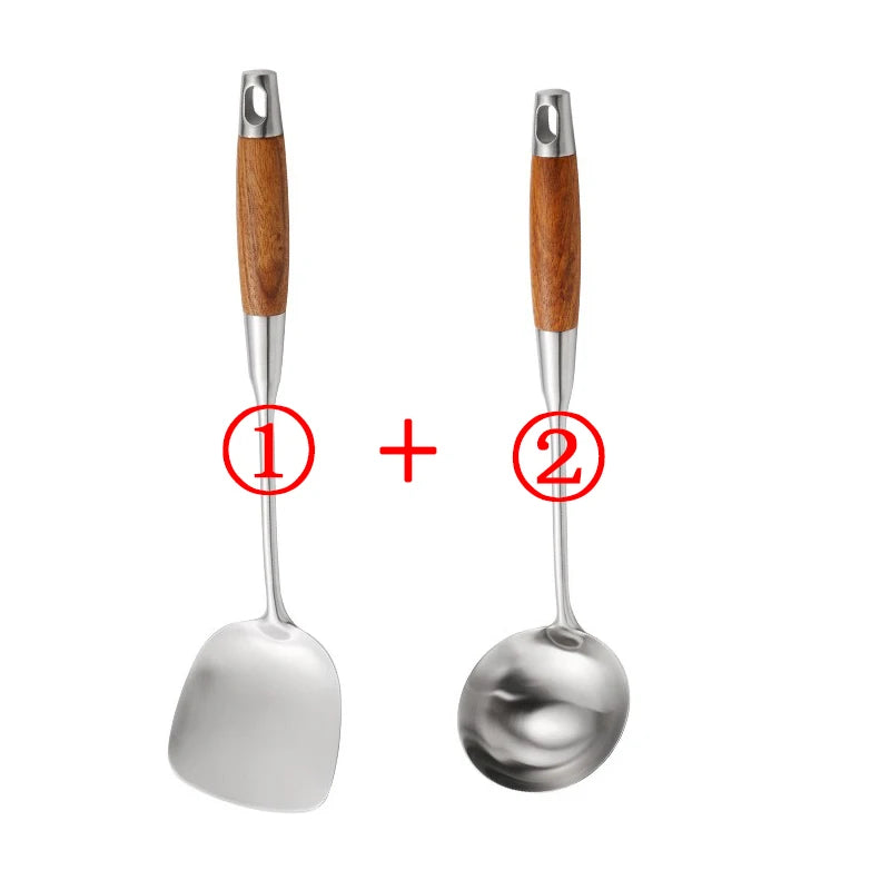 Rosewood Handle Stainless Steel Cookware Set Kitchen Durable Wok Spatula Colander Shovel Cooking Utensil Kitchenware Accessories
