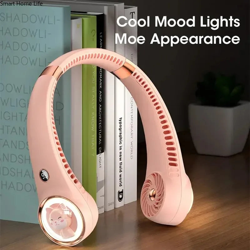 Bladeless Neck Fan Cute Cat Portable USB Rechargeable Mini with Digital Display 2000mAh Battery for Outdoor Travel Peaceful Pleasures Health and Wellness