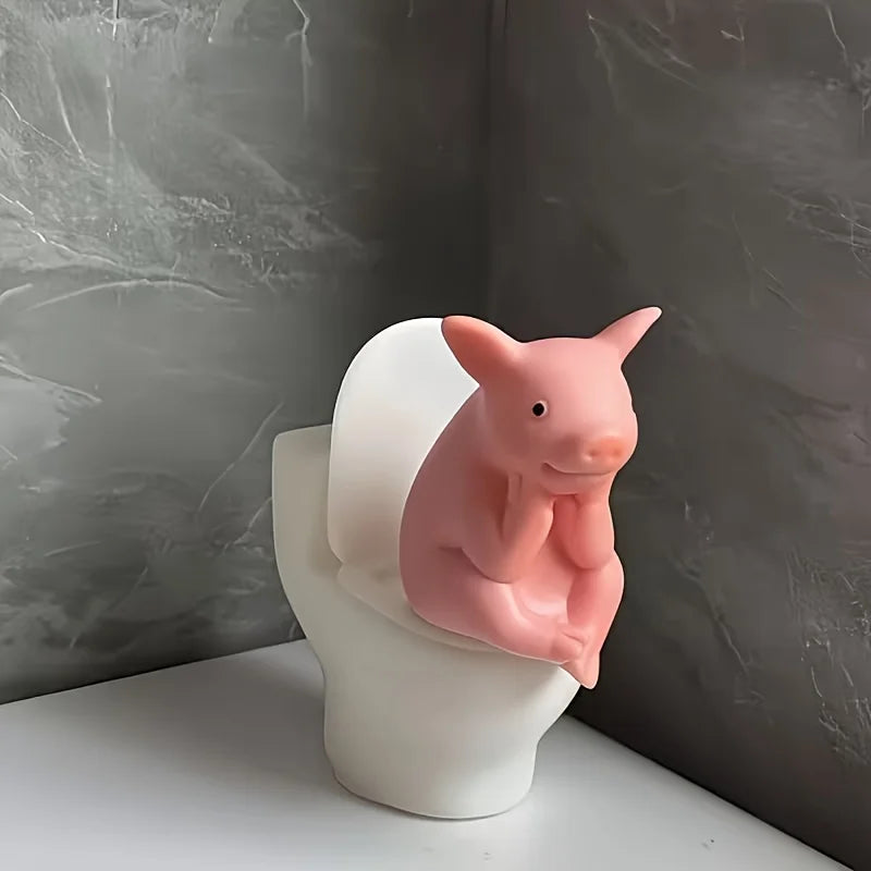 Cute Pig on Toilet Figurine | Whimsical Bathroom Desk Ornament