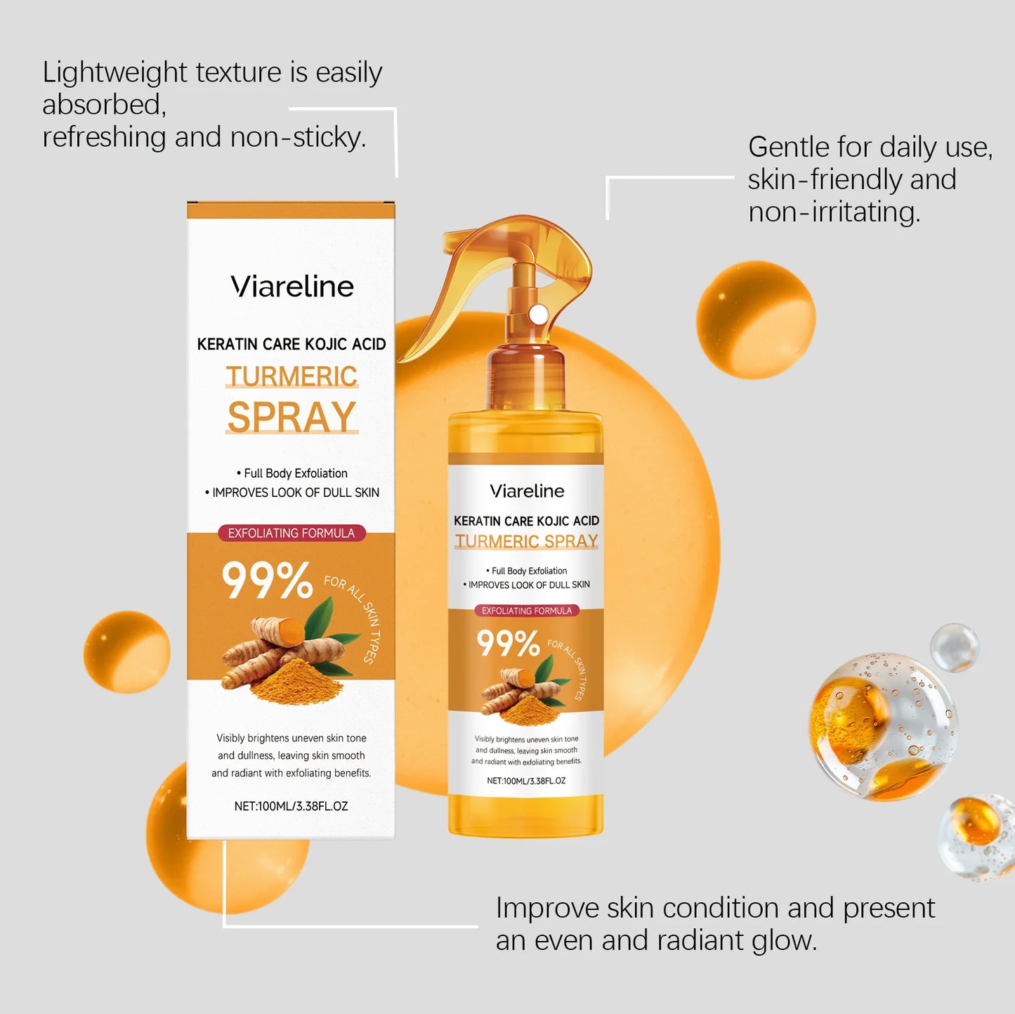 Kojic Acid Turmeric Exfoliating Spray Glowing Soften Dead Skin Cells Brightening Hydrating Improve Dullness Body Smoothing Spray Peaceful Pleasures Health and Wellness