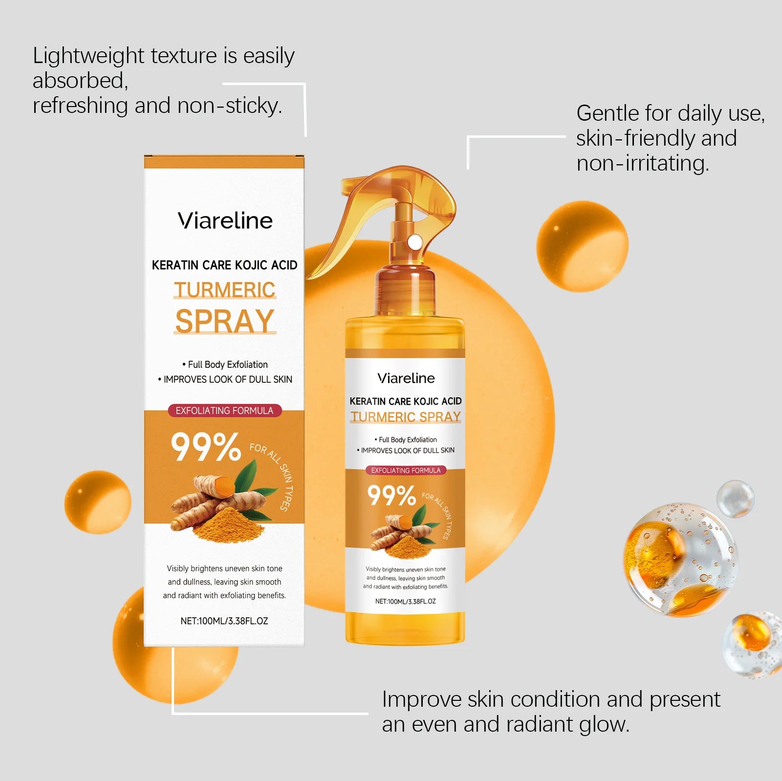 Kojic Acid Turmeric Exfoliating Spray Glowing Soften Dead Skin Cells Brightening Hydrating Improve Dullness Body Smoothing Spray Peaceful Pleasures Health and Wellness