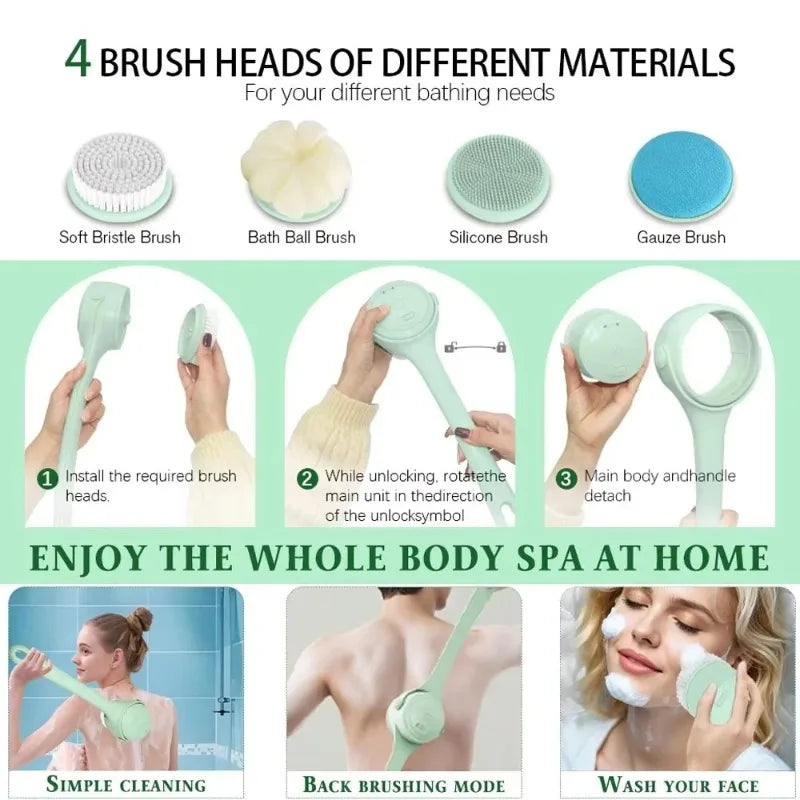 Electric Body Brush 4 Heads Waterproof Long Handle Shower Back Scrubber USB Rechargeable Exfoliating Bath Cleaning Brush Peaceful Pleasures Health and Wellness