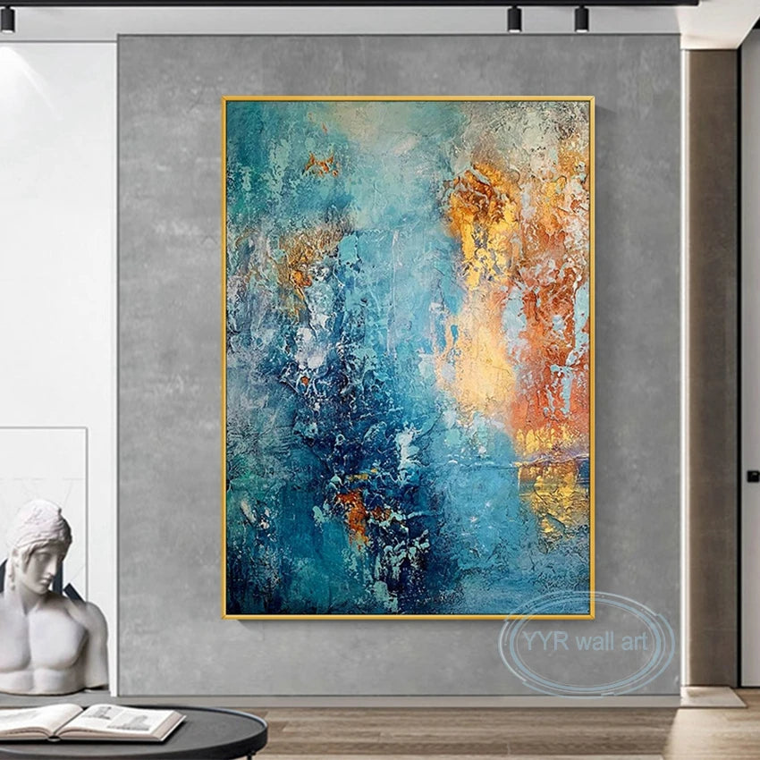 Custom Blue Abstract Wall Art Canvas Posters, Large Texture Mural, Handmade Oil Painting, Living Room, Bedroom, Porch, Home Deco Peaceful Pleasures Health and Wellness