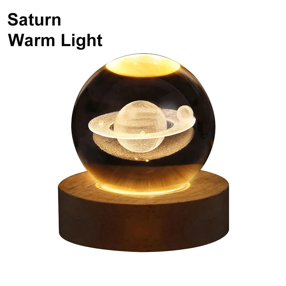 6cm Bedside RGB Lamp Solar Theme Cosmos Series Crystal Ball Night Lights Milky Way Moon Small Ornaments for Desk Creative Gift Peaceful Pleasures Health and Wellness Saturn-Warm Light USB Plug