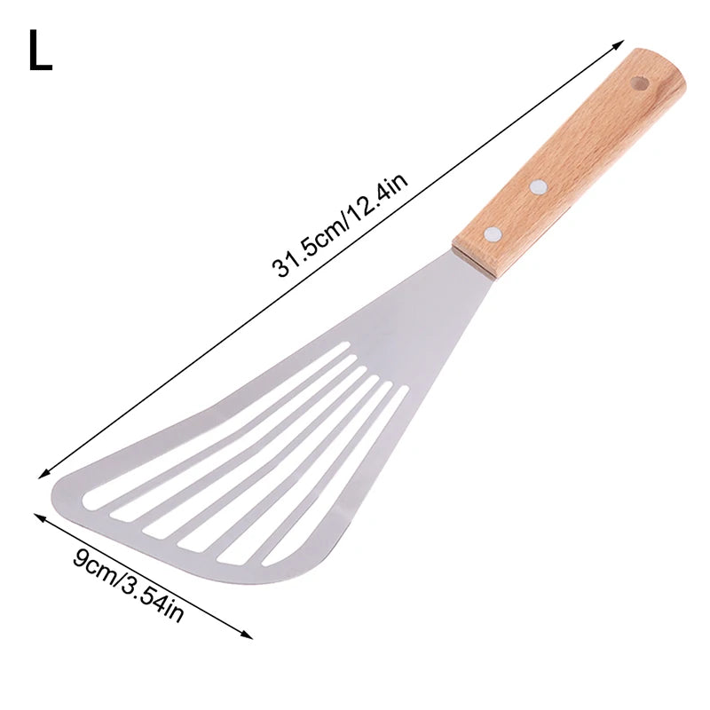 Stainless Steel Fish Turner Slotted Spatula | Beech Wood Handle Slotted Spatula Turner Peaceful Pleasures Health and Wellness L