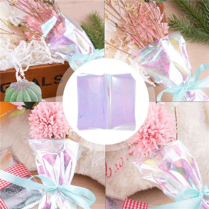 A36T-60 Pieces 59 Cm X 57 Cm Cellophane Wrap Paper Iridescent Film Gift Wrap Rainbow Flower Wrapping Packaging Paper Come Peaceful Pleasures Health and Wellness