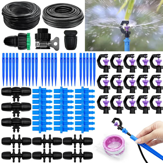 25m-8m Micro Drip Irrigation Kit Thread - Automatic Watering System with 4/6 Split to 8/12 Connector Rotary Scattering Nozzle Peaceful Pleasures Health and Wellness