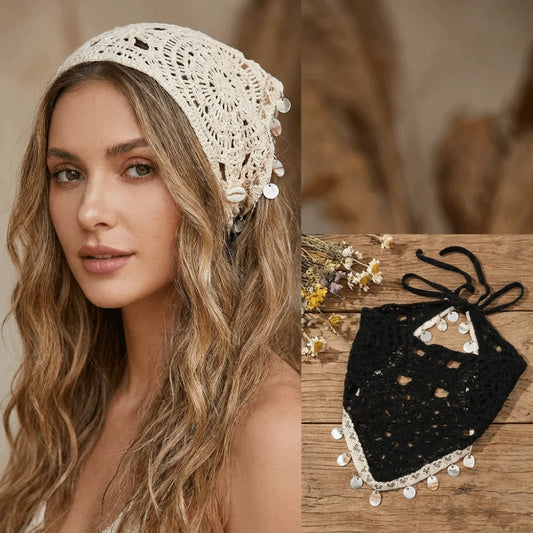 Seashell Tassel Crochet Triangle Headscarf | Boho Head Wrap Crochet Head Wrap Peaceful Pleasures Health and Wellness