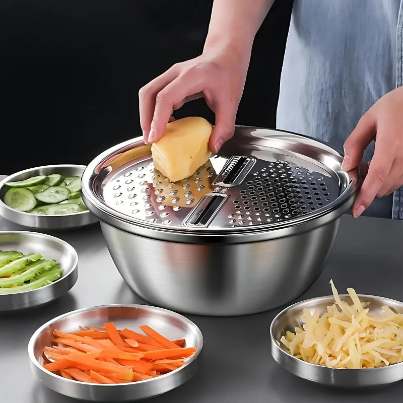 3-Piece Stainless Steel Multifunctional Strainer and Mixing Bowl for Washing and Slicing Fruits Vegetables Essential for Kitchen Peaceful Pleasures Health and Wellness