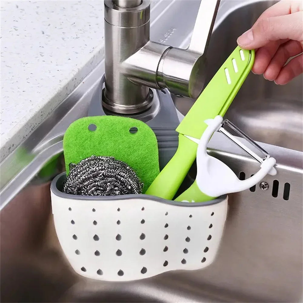 1pc Double Sink Draining Hanging Bag Adjustable Press Faucet Shelf Sponge Double Basket Storage Kitchen Supplies Peaceful Pleasures Health and Wellness
