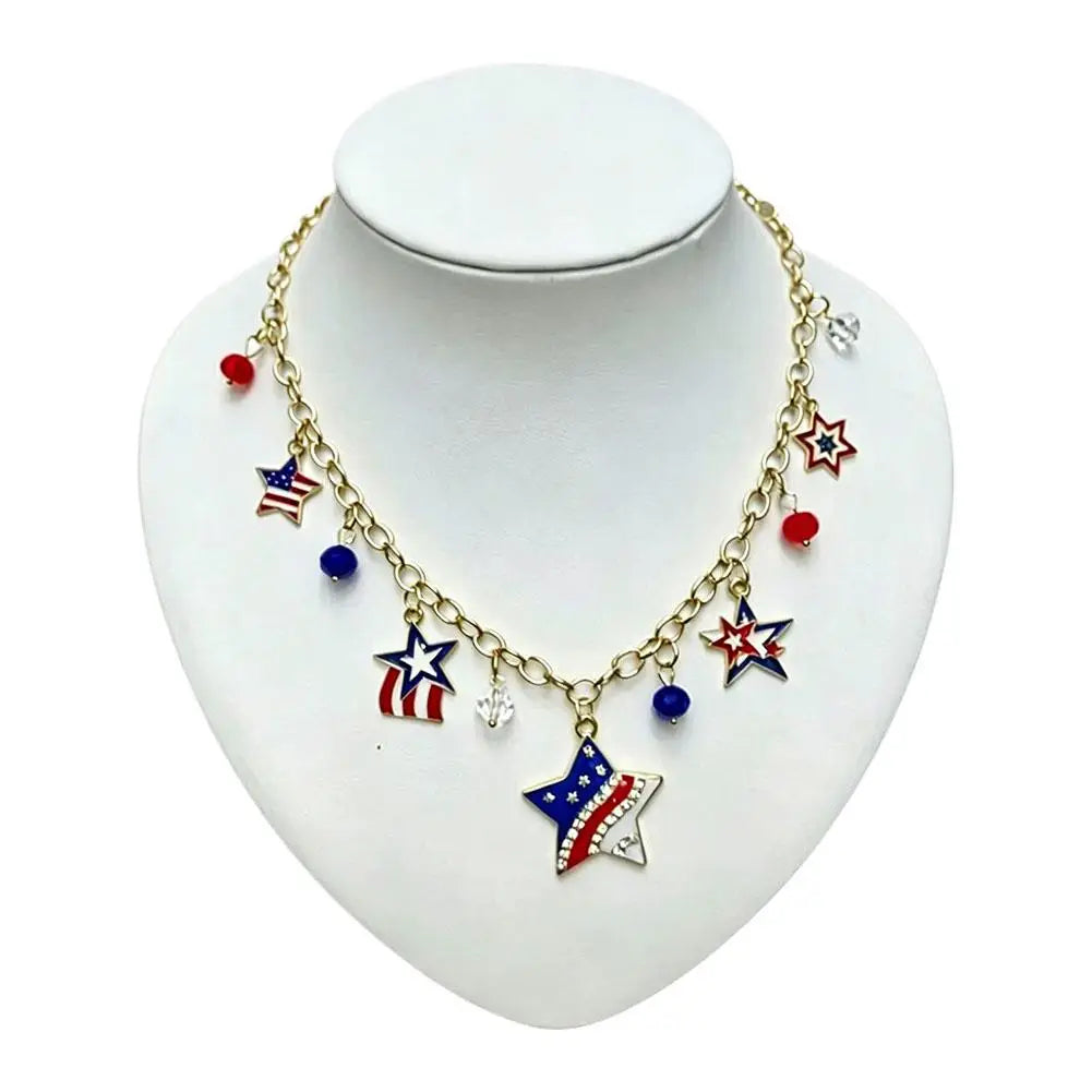 Patriotic Beaded US Flag Pendant Necklace | Gold Chain Gift