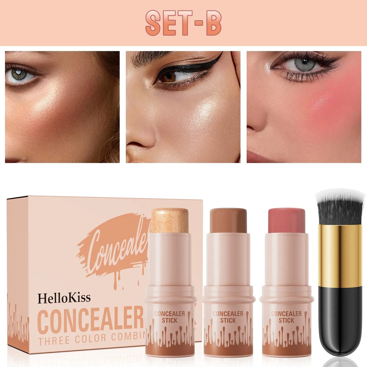 Hello Kiss 3-Piece Cream Contour Set – Contour, Highlight & Blush