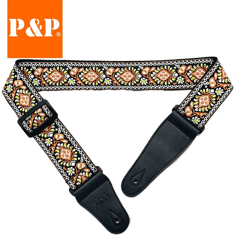 Guitar Strap Embroidered Belt Adjustable Jacquard Band Cotton Leather