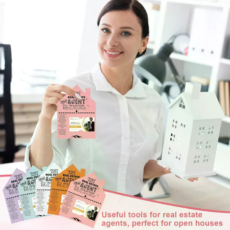50-Pack House-Shaped Realtor Cards 5x7" | 5 Colors & Card Slot