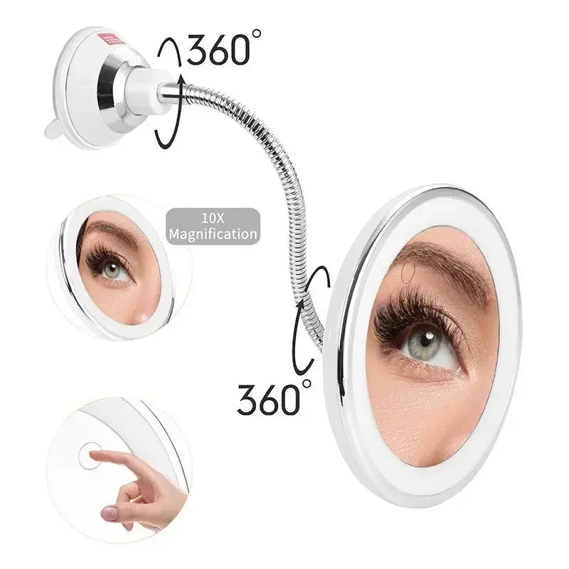 10X Magnifying Makeup Mirror | LED Light & Gooseneck Suction Cup