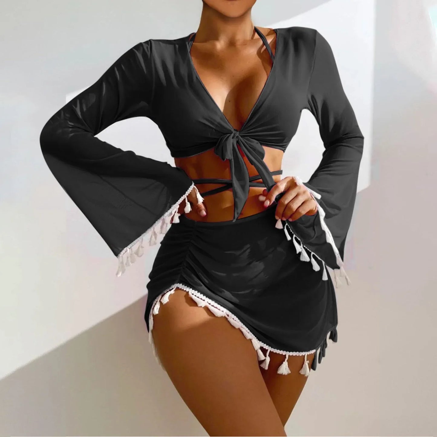 Women's 4-Piece High Waist Bikini Set with Cover-Up Skirt